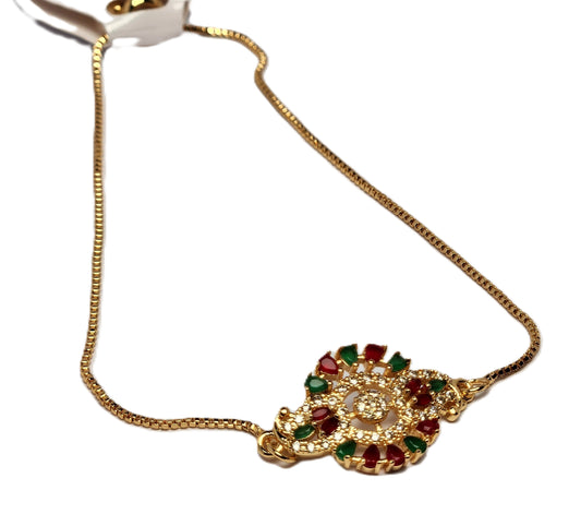 Elegant Chain Bracelet with Red, Green & Crystal Stones