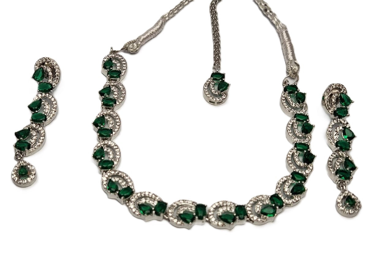 Women’s One Carat Silver Plated Necklace Set with Earrings & Bindi – Stone Embellished Jewelry