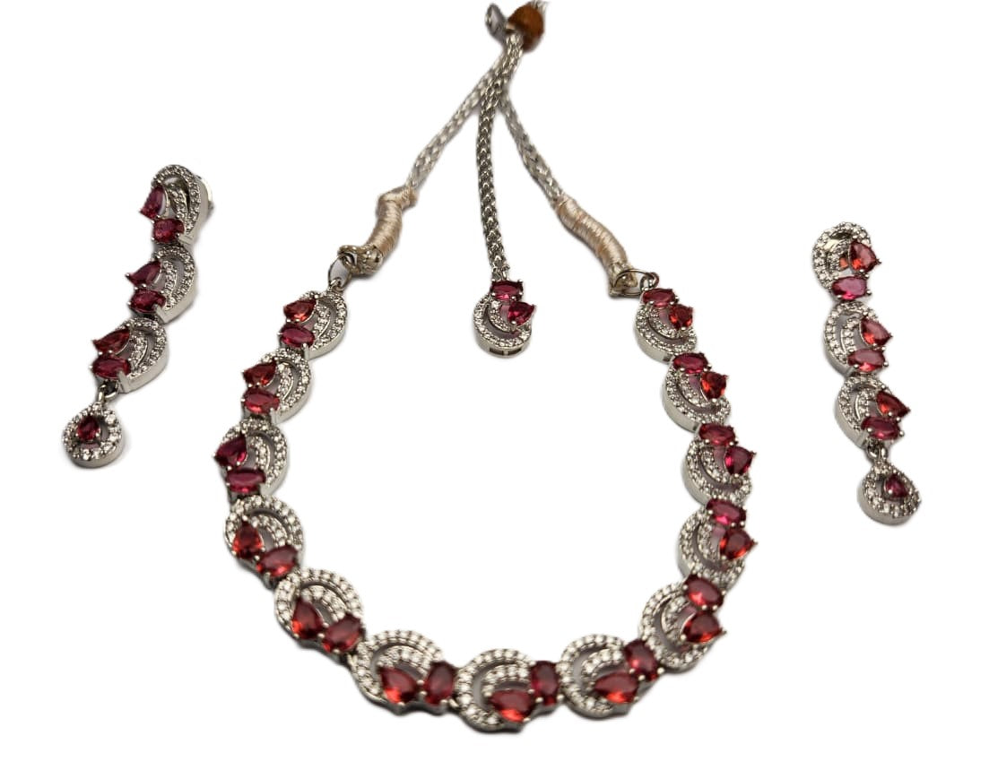 Women’s One Carat Silver Plated Necklace Set with Earrings & Bindi – Stone Embellished Jewelry