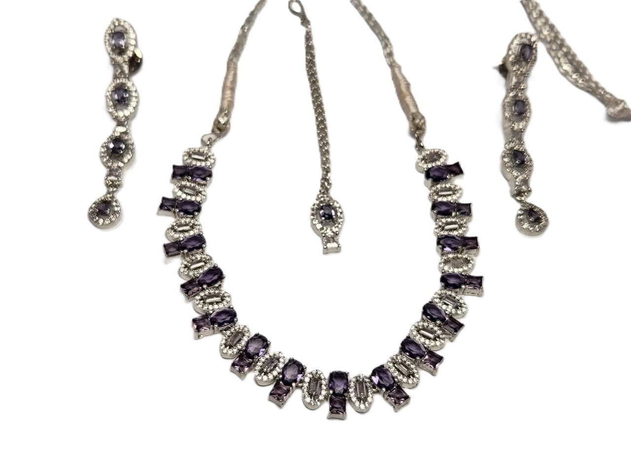Elegant One Carat Silver Plated Necklace Set with Earrings & Bindi – Purple Stone Embellished