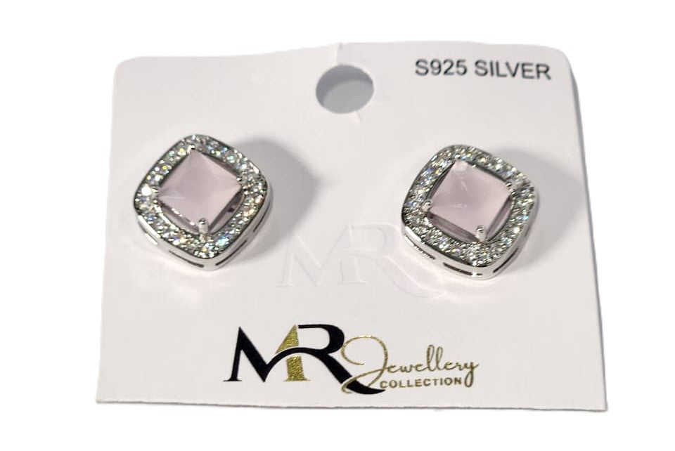 Square-Shaped Earrings with Rounded Corners, Center Stone & White Crystal Accents – Elegant Jewellery