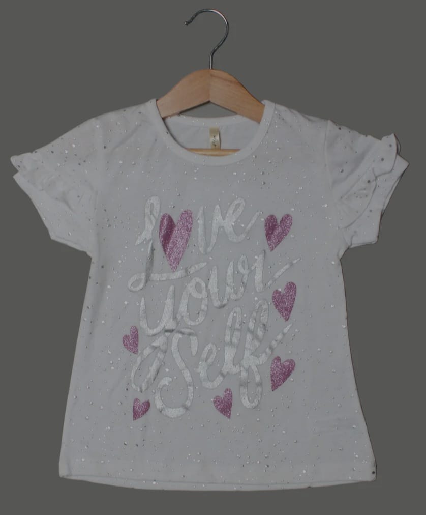Girls’ White Glitter T-Shirt – Love Yourself Print with Pink Hearts