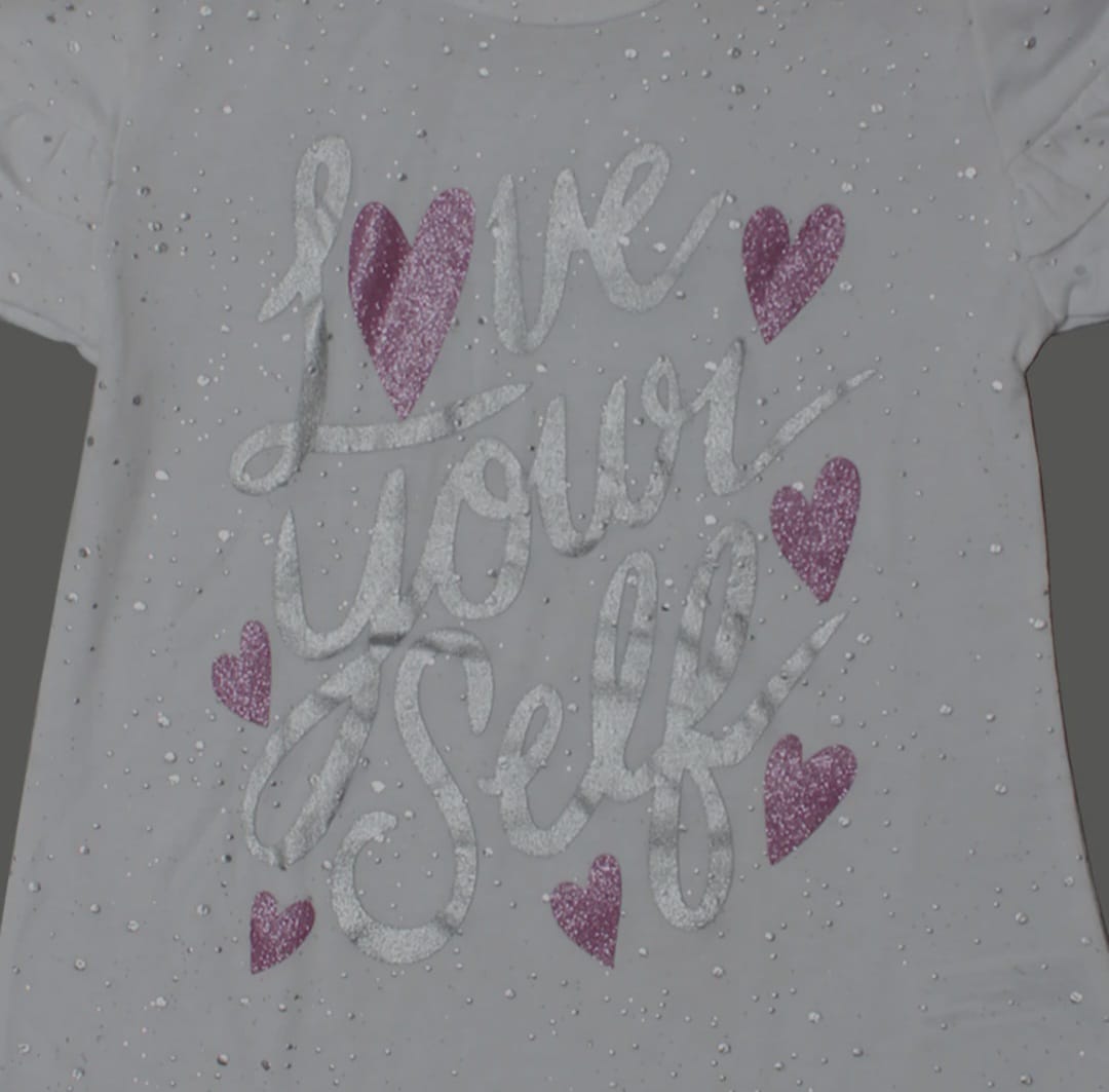 Girls’ White Glitter T-Shirt – Love Yourself Print with Pink Hearts
