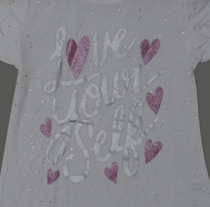 Girls’ White Glitter T-Shirt – Love Yourself Print with Pink Hearts