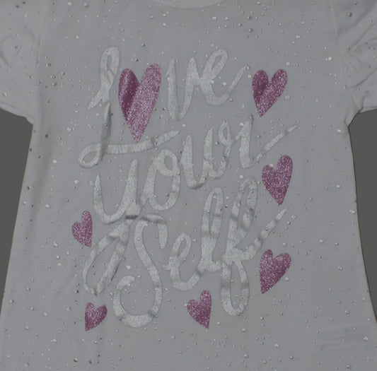 Girls’ White Glitter T-Shirt – Love Yourself Print with Pink Hearts