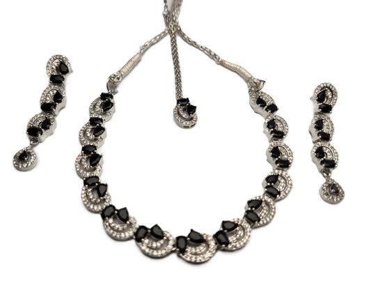 Women’s One Carat Silver Plated Necklace Set with Earrings & Bindi – Stone Embellished Jewelry