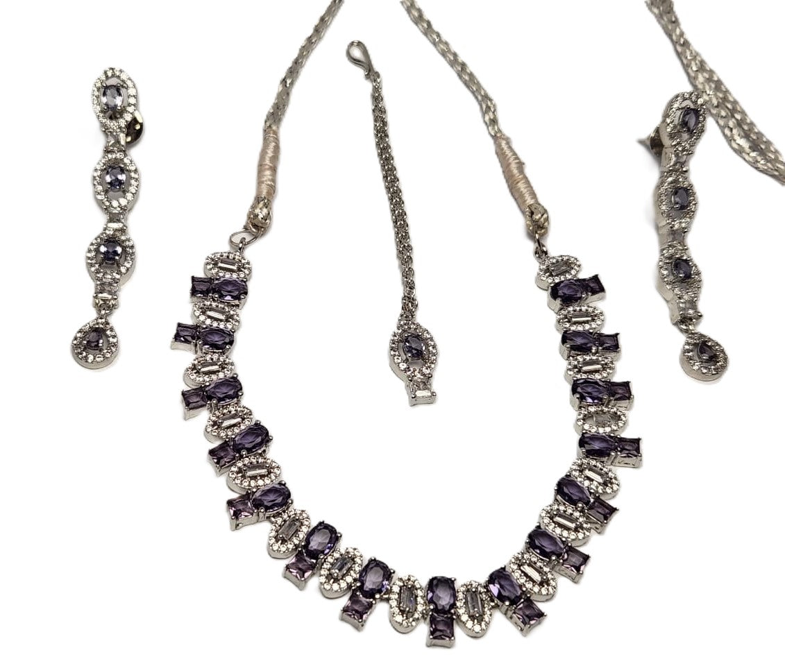 Elegant One Carat Silver Plated Necklace Set with Earrings & Bindi – Purple Stone Embellished