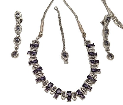 Elegant One Carat Silver Plated Necklace Set with Earrings & Bindi – Purple Stone Embellished
