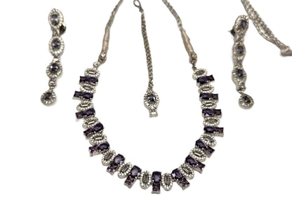 Elegant One Carat Silver Plated Necklace Set with Earrings & Bindi – Purple Stone Embellished