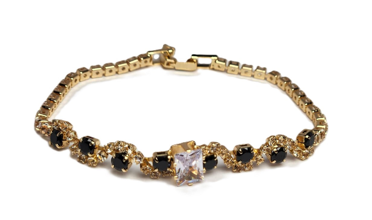 Elegant Gold Bracelet with Black & Crystal Stone Combination – Luxury Jewellery